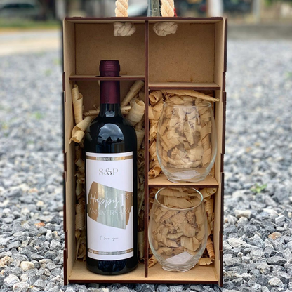 Caja de Vino con 2 Copas sin Tallo